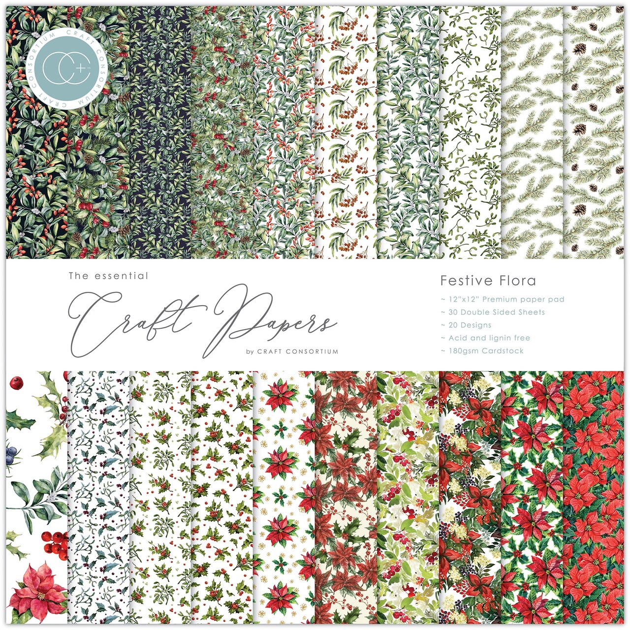 Craft Consortium Double-Sided Paper Pad 12"X12" 30/Pkg-Festive Flora, 20 Designs
